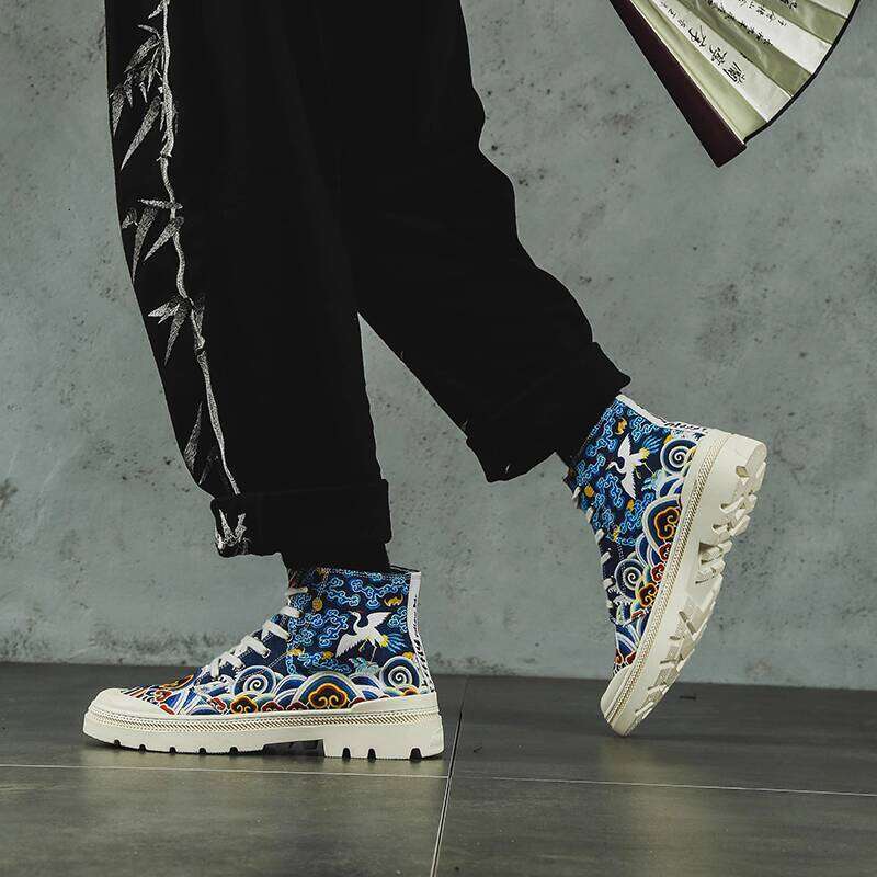 Jifffly High-Top Sneakers Trendy Chinese Canvas Shoes Men's Ethnic Style National Trend Cloud Crane Nine Skies