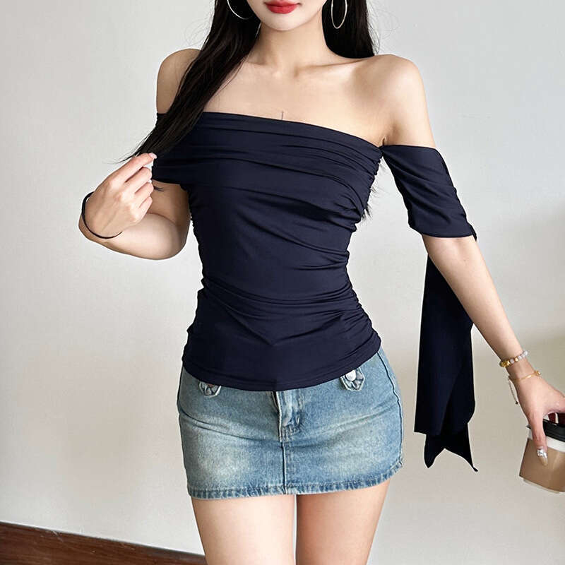 Women's Clothing 2025 Spring Summer New Sexy Off-Shoulder Ribbon Short Sleeve Slim Fit T-Shirt 093
