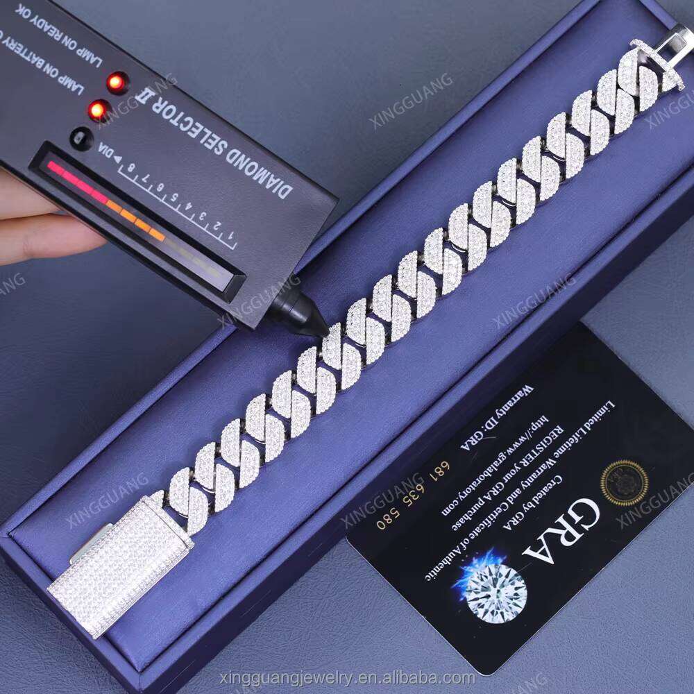 Hot Sale Hip Hop 15mm VVS Dia Cuban Link Chain GRA Moissanite Sterling Sier Gold Plate Fine Jewelry Bracelets
