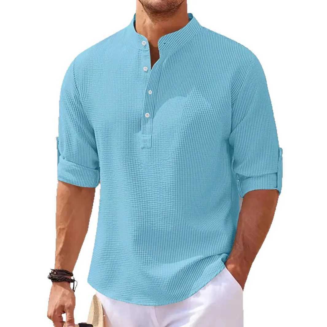 Summer Mens Medium Sleeve Polo Shirt Waffle Casual Loose Stand-Up Collar Button Polo Suit Mens XJ250725