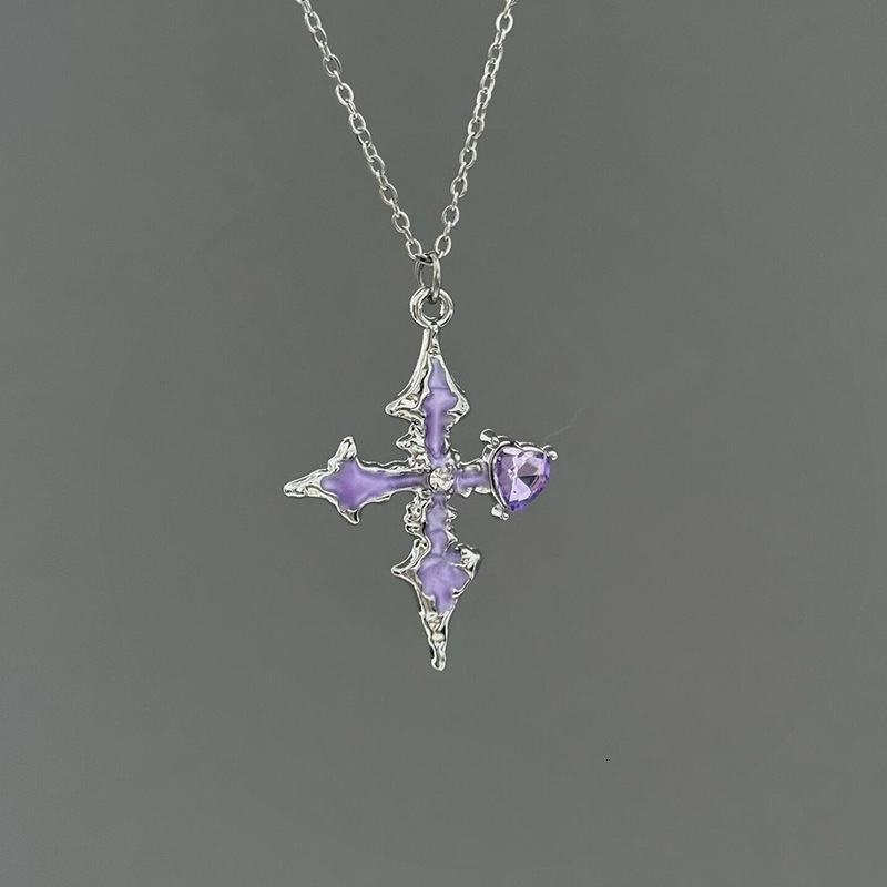 Eco-friendly Material Dark Style Purple Heart Cross Necklace Sparkling Exquisite Fashionable High-Value Versatile Collarbone Chain Jewelry for Women