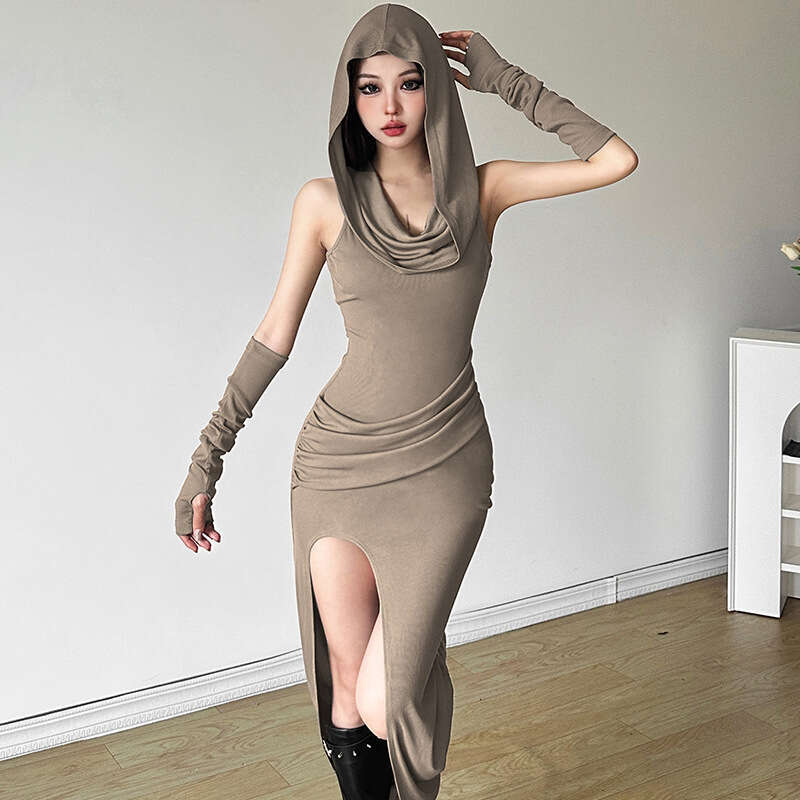 2024 Summer New Women's Solid Color Slim High Waist Fashion Hooded Sleeveless Split Dress f32