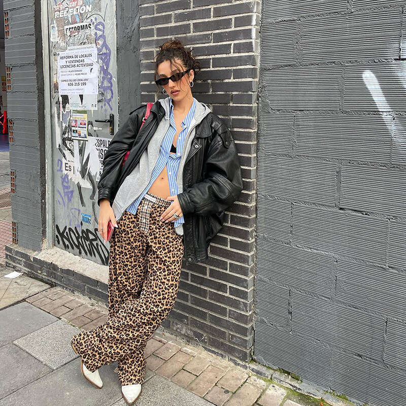 2024 Summer New Women's Solid Color Loose Street Fashion Casual Straight Leopard Print Wide Leg Pants f21