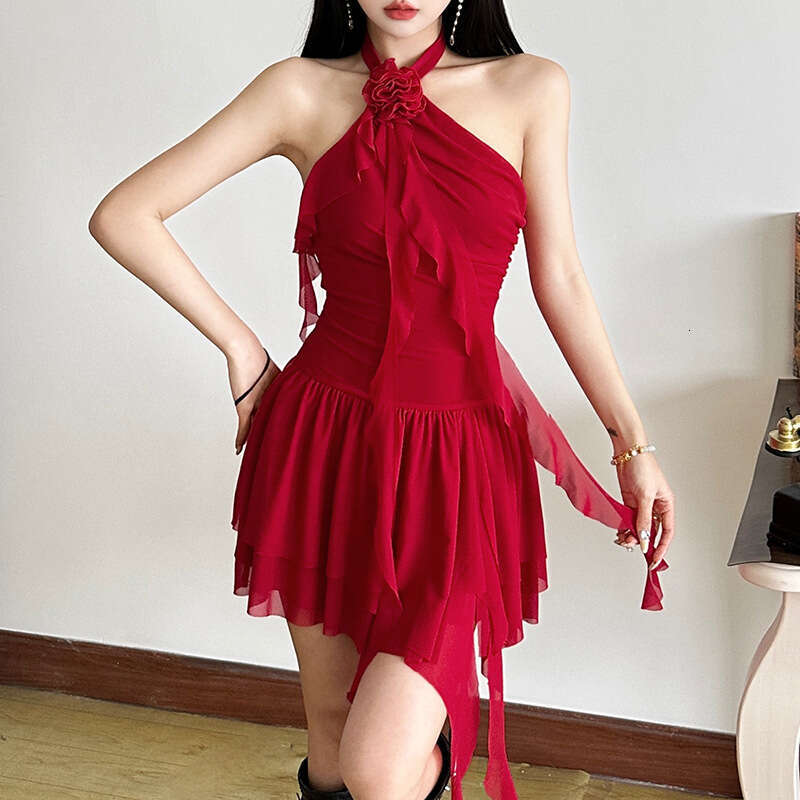 2025 Spring New Women's Solid Color Slim High Waist Fashion Halter Neck Sleeveless Backless Dress 239