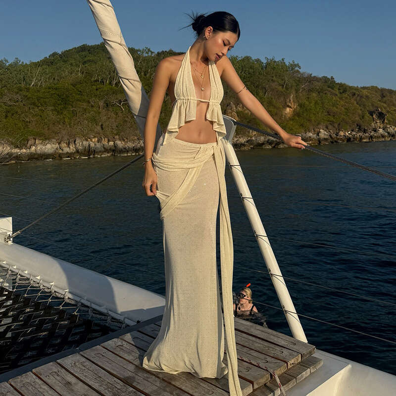 2025 Summer New Sexy Sleeveless Halter Neck Tank Top High Waist Long Skirt for Women 20f