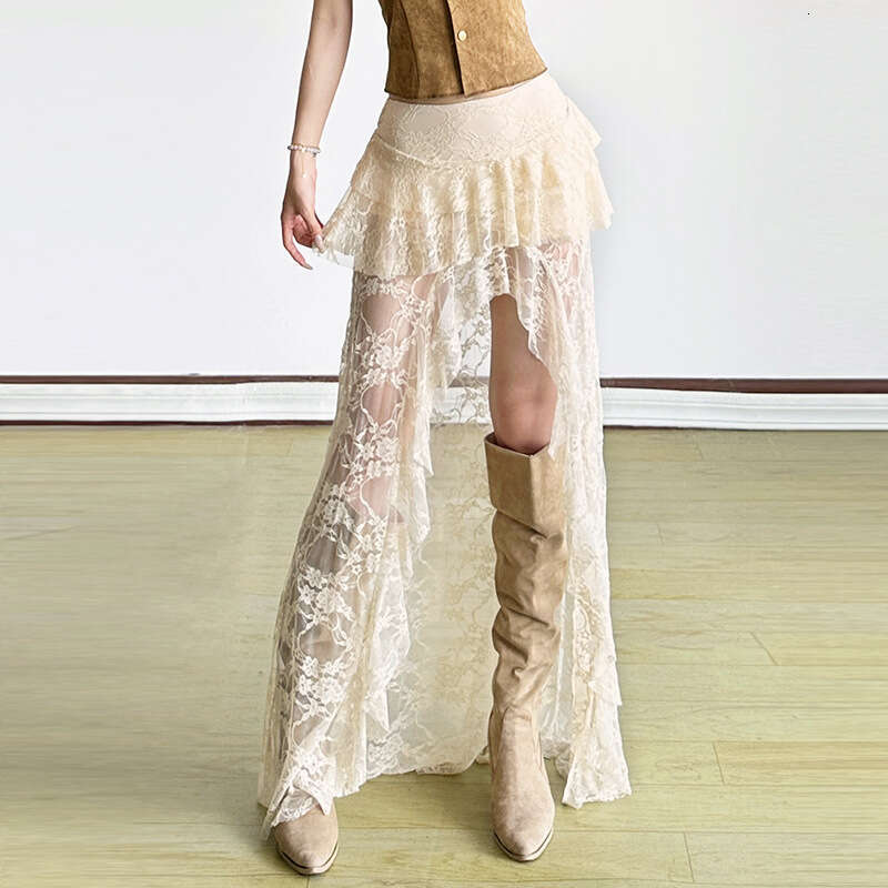 2025 Summer New Women's Solid Color Sexy High Waist Lace Mesh Split Skirt 819