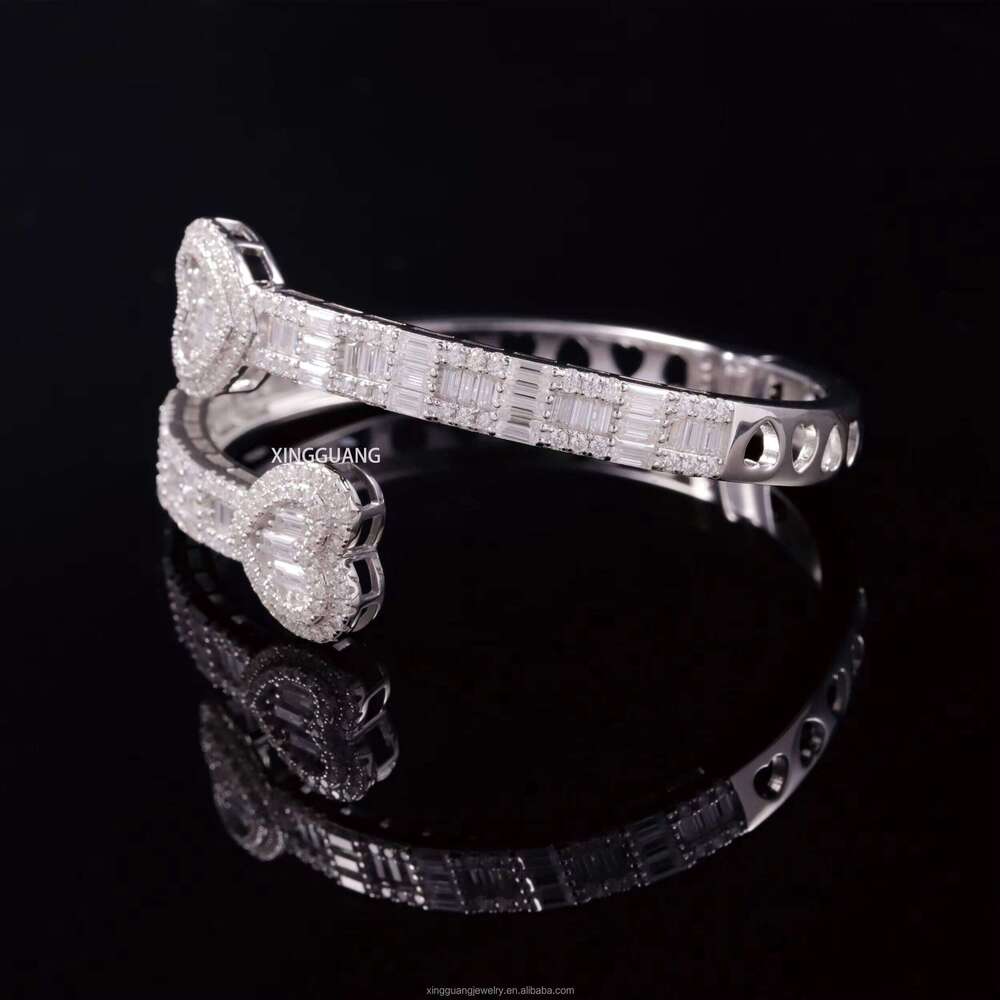 New Custom Heart Baguette VVS Moissanite Dias S Sterling Sier Open Bangle Unisex Bracelet Jewelry