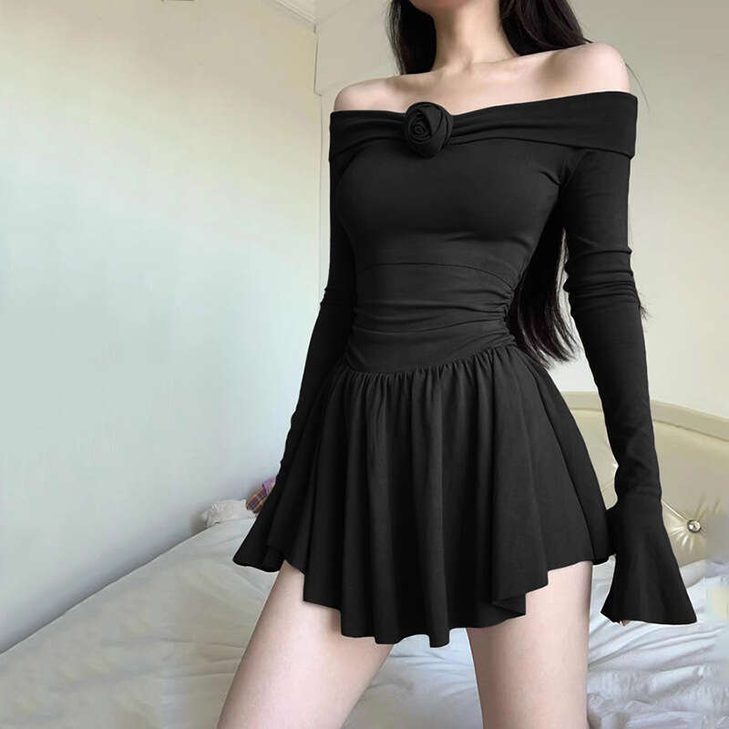 2023 Autumn New Women's Solid Color Slim High Waist Fashion Off-Shoulder Long Sleeve Dress 538