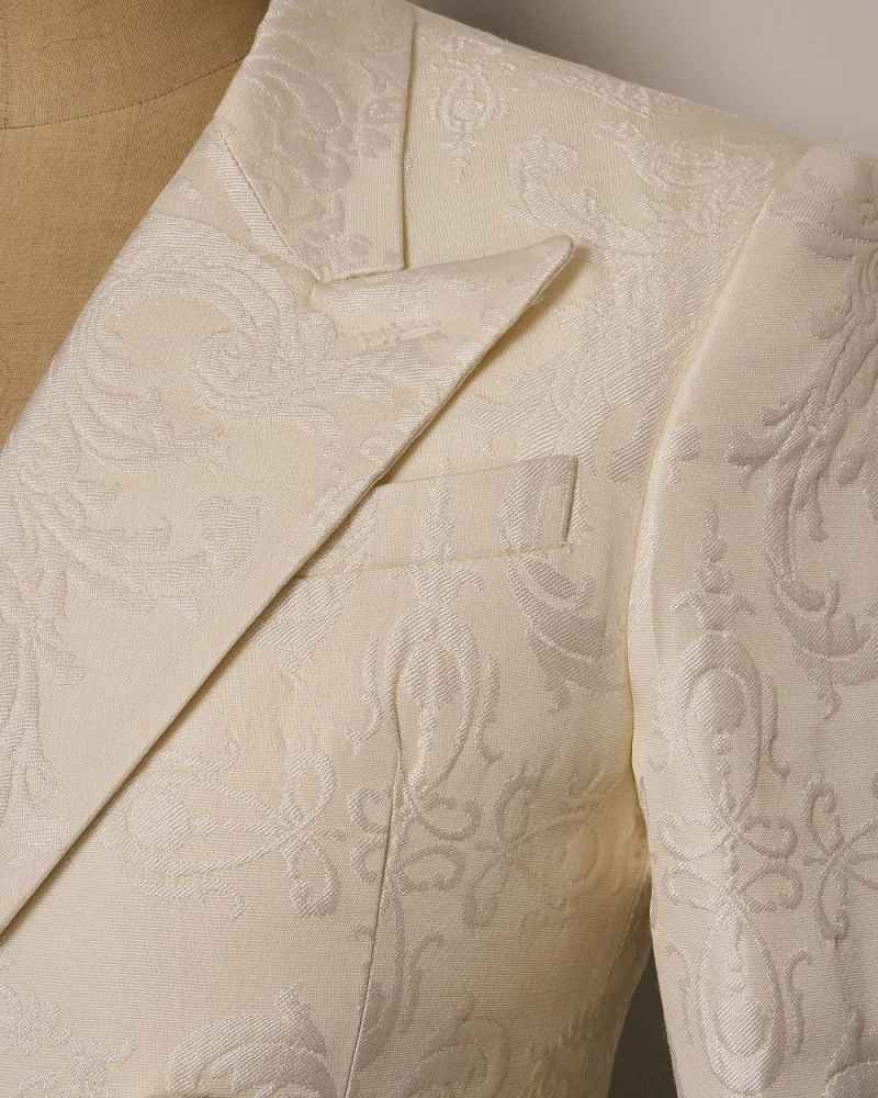White Jacquard Men's Suits Peaked Lapel Double Breasted Groom Tuxedo Formal Party Evening Tailored Made Prom Dress