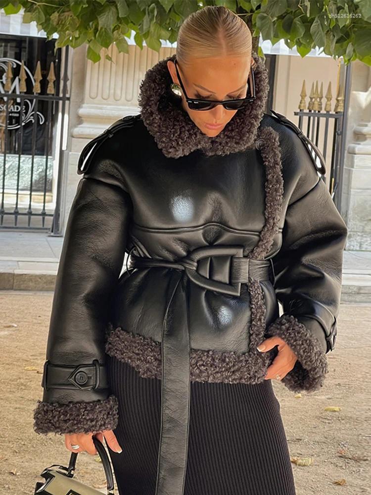 Women's Jackets Vintage Patchwork Fur Leather Coats Women Lapel Lace Up Long Sleeve Thicken Warm Jacket 2025 Winter Lady Streetwear Overcoat