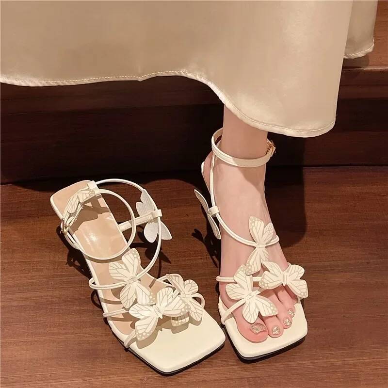 2025Summer Butterfly Women's High Sandals Square Toe Buckle Casual Shoes Elegant Stiletto Heel Ankle Strap Party