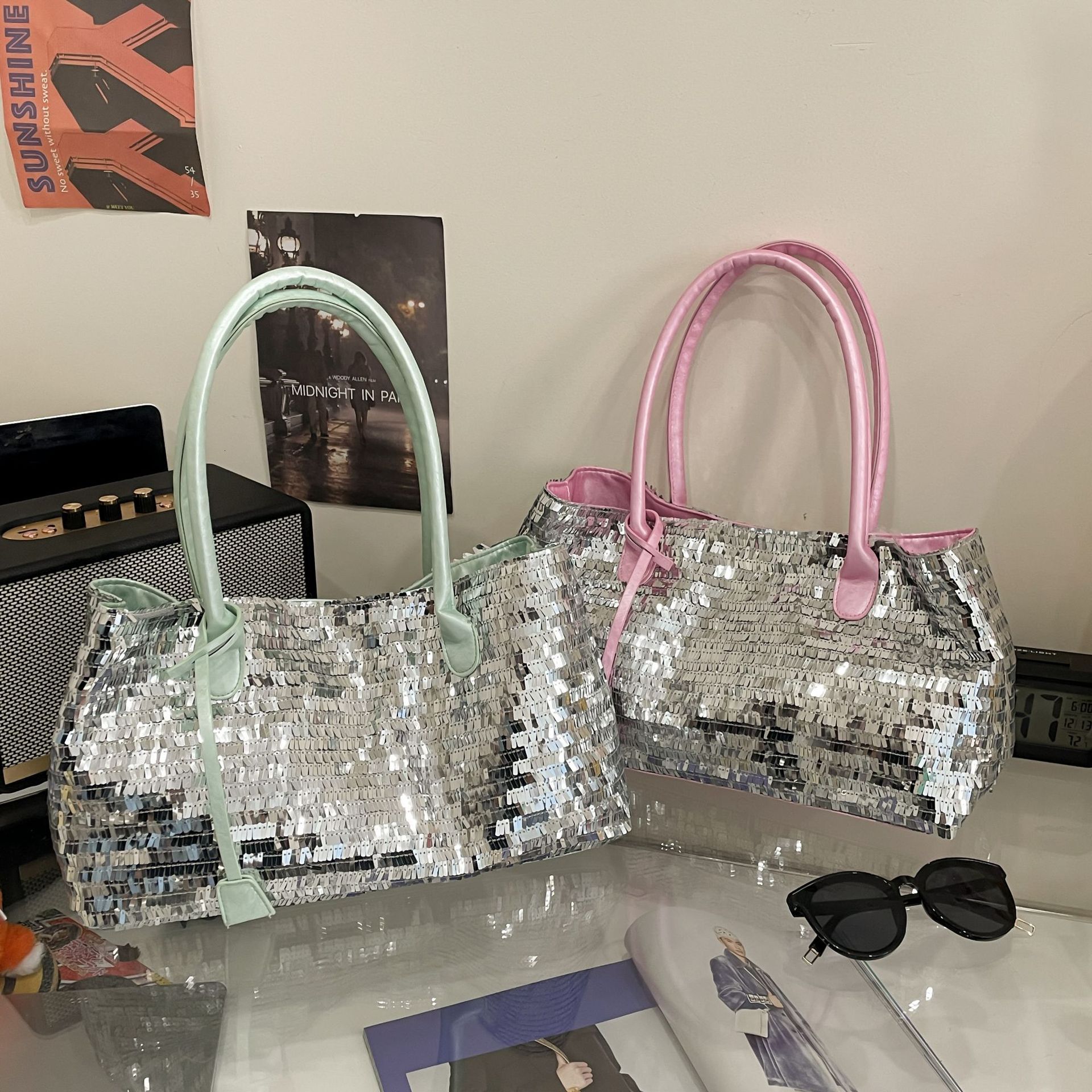 Luxury Brand Designer Bag European And American Trend Tote Bags Shiny Metallic Sequin Bag Foreign Trade Women Hand-Woven Shoulder Underarm Bag