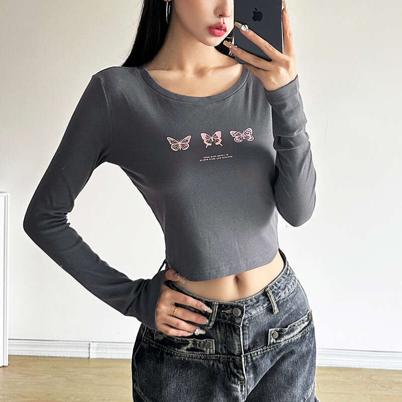 2024 Autumn New Women's Solid Color Slim Fit Crop Fashion Round Neck Printed Long Sleeve Top 876