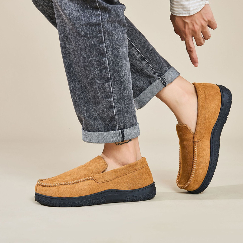 New Men's Closed-Toe Fur-Lined Mark Shoes Home Warm Outdoor Wear Fleece-Lined Non-Slip Thickened Cotton Slippers