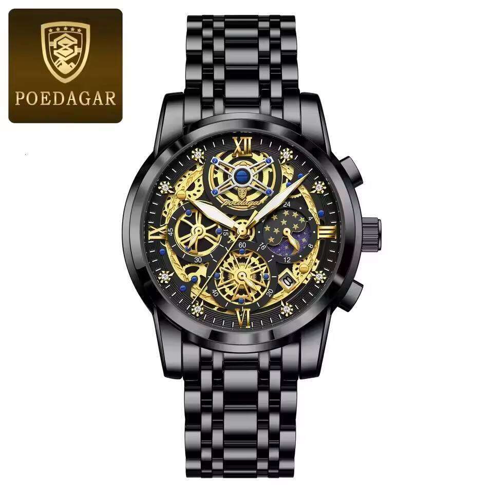 DHgargets POEDAGAR Watches Chronograph Date Stainless Steel Watch for Men Waterproof Luminous Quartz Men's Reloj