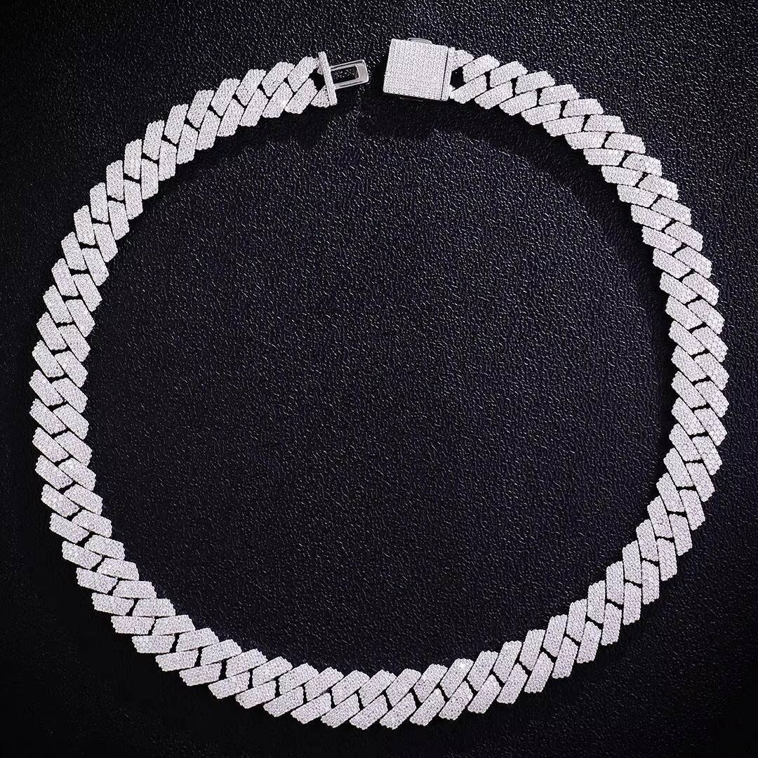 Mens 15mm 3-Row Moissanite IcedOut Cuban Chain 18K Gold Plated 925 Silver All Sizes Necklace