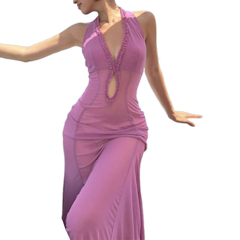 2025 Summer New Style Personality Hollow Sexy Slim Fit Elegant Sleeveless Halter Neck Long Dress Women's Clothing d8f