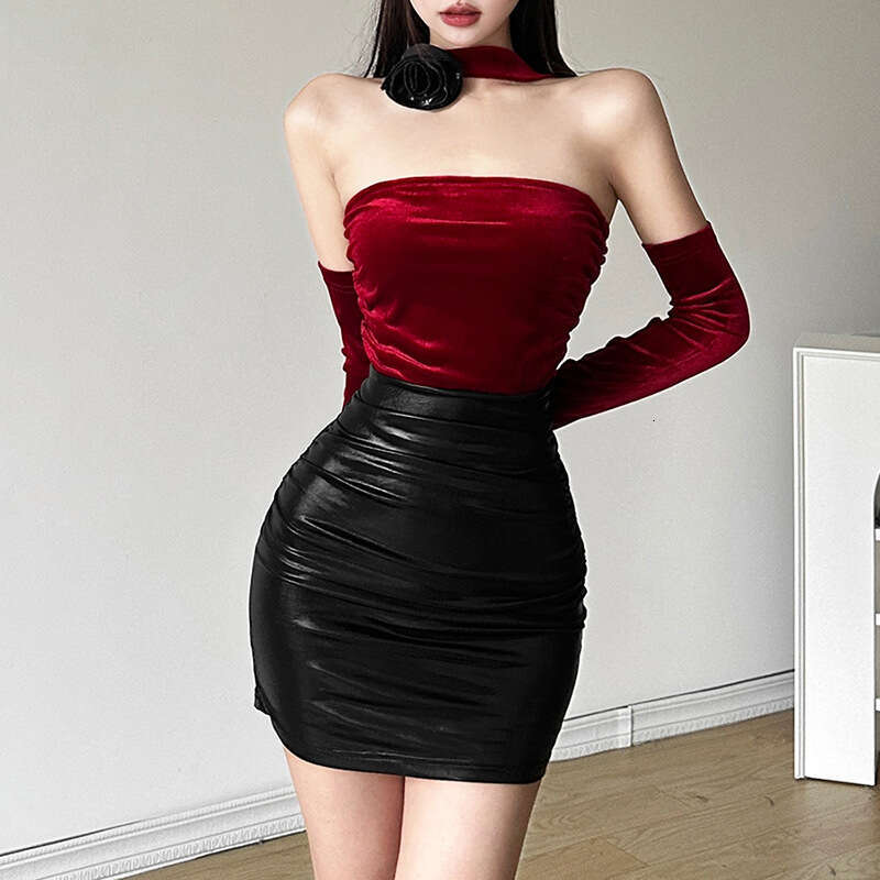 2023 Autumn Winter New Women's Solid Slim High Waist Fashion Halter Neck Color Block Patchwork Dress 3a8