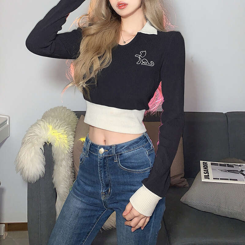 2022 Spring New Fashion Women's Clothing Color-Block Slim Fit Long Sleeve Crop Top T-Shirt for Women a61