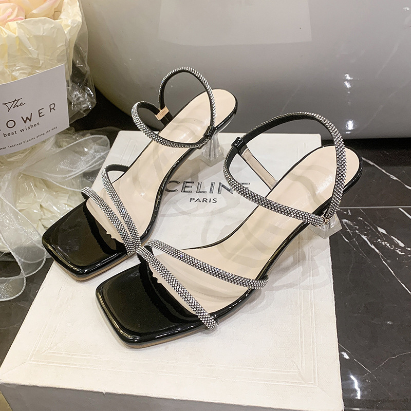 Ddmysports Fengliang Diamond Sandals For Women Summer New French Rhinestone Fashion Chunky Heel Fairy Style High Heels Outdoor Shoes