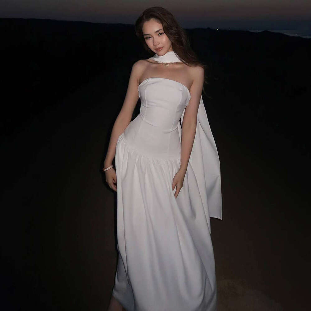 2025 Summer New Solid Color Slim Fit Versatile Off-Shoulder Strapless Sleeveless Elegant Dress 7ce