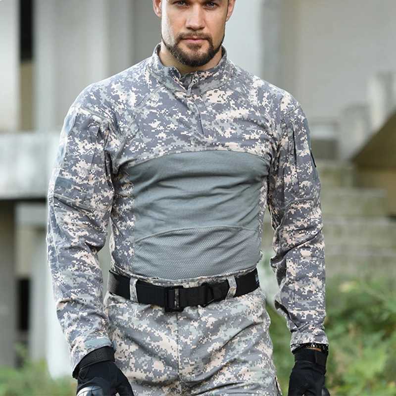 Mens Summer Breathable Long Sleeve T-shirts Outdoor Stand Collar Sports Tactical Camouflage Shirts Quick Dry Frog Slim Fit Tops Y250724