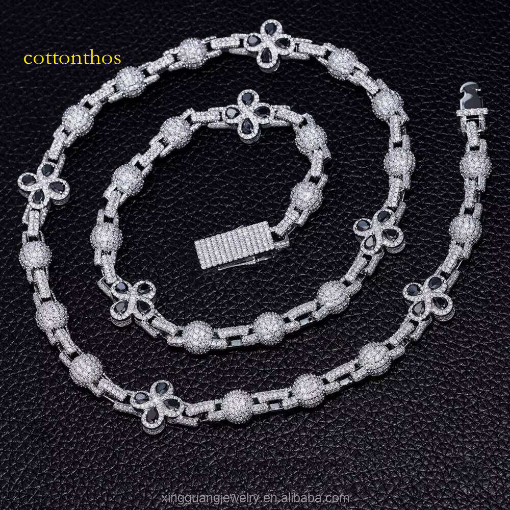 XingGuang Customized Spring Clasp Black Dia Cuban Link Chains Solid Sier Moissanite Clover Shape Ball Chain for Men