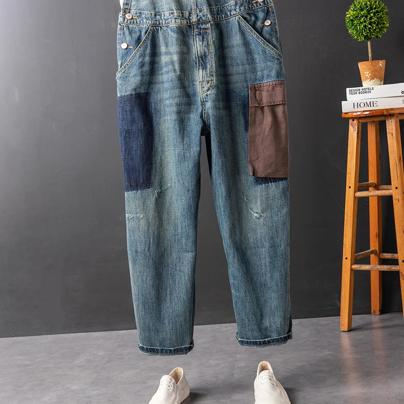 Mens Vintage Contrast Color Denim Bib Overalls Casual Patchwork Patch n Jeans Big Pocket Jumpsuits Pants 250725