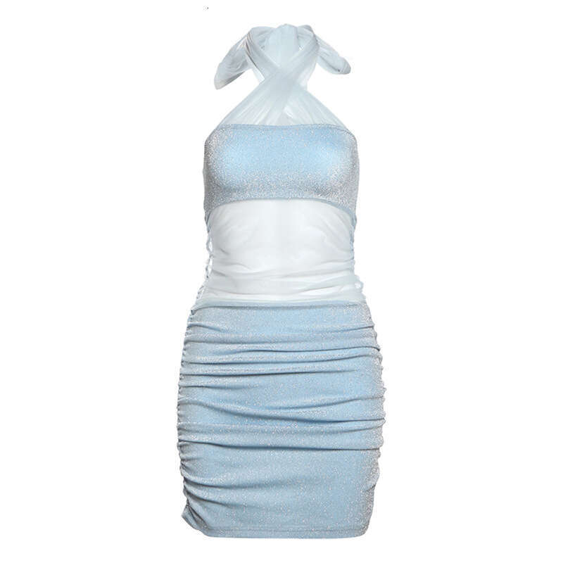 2024 Summer New Women's Solid Color Slim High Waist Fashion Halter Ruched Mesh Dress 445