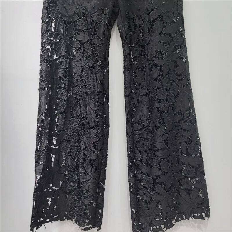 Women's Denim Pants Black Dias Patchwork Lace Hollow Out Embroidery Straight Jeans 2025 New Summer Fashion 29A1882