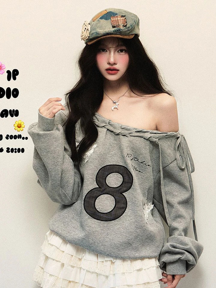2K Streetwear Gray Sweatshirts Women Off Shoulder Loose Letter Pullovers Harajuku Retro Female Casual American Tops 250723