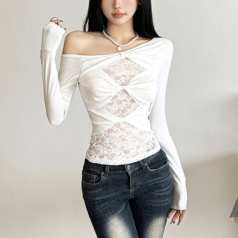 2024 Autumn New Women's Solid Color Slim Fit Fashion Asymmetrical Neck Long Sleeve Mesh Patchwork Top 8c9