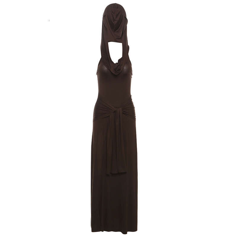 Women's Clothing 2024 Summer New Solid Color Sexy Hooded Sleeveless High Waist Long Dress e53