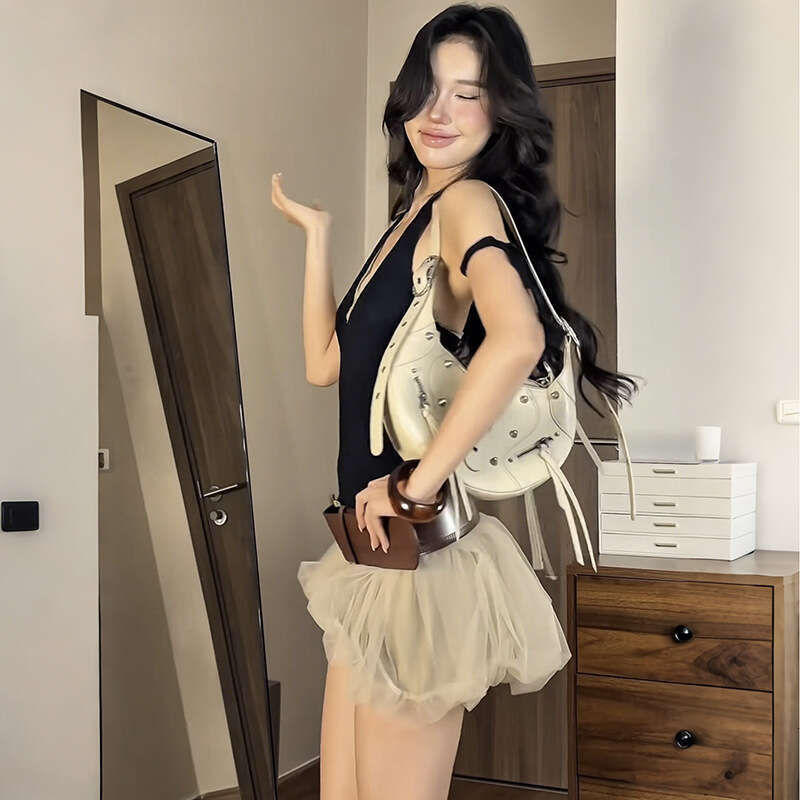 2025 Summer New Halter Deep V Slim Sexy Versatile Top High Waist Bodycon Mini Skirt caf