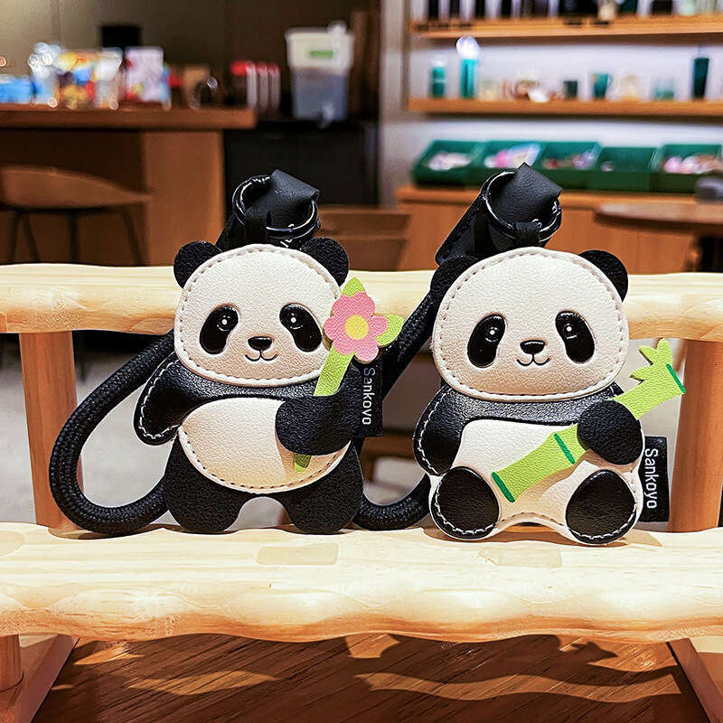 Genuine Panda Keychain Cute Cartoon Flower Holding Bamboo Leather Couple Bag Pendant Small Gift