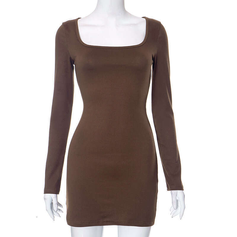 Q23ds460 Autumn New Ins Style Solid Color Square Neck Pullover Long Sleeve Bodycon Dress B5