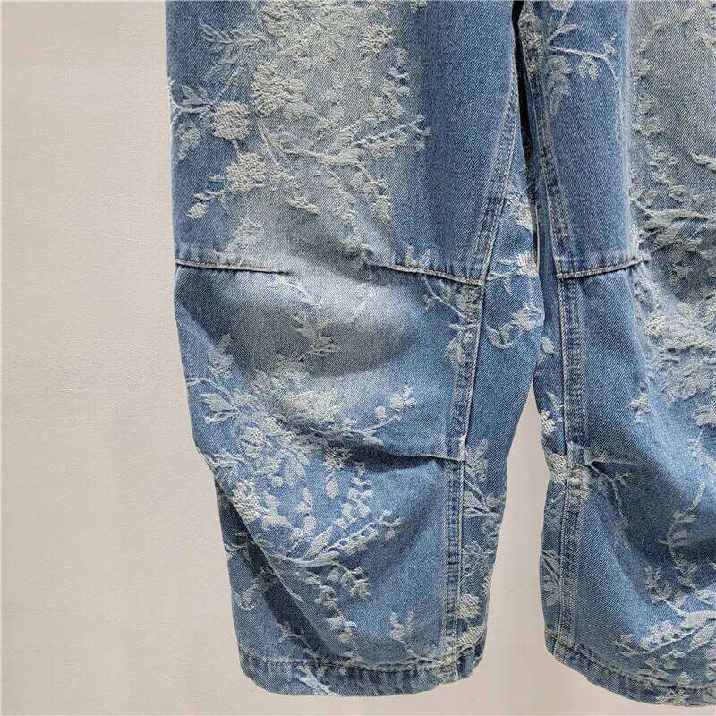 Women Short Jeans Jacquard Thin Style High Waist Straight Wide Leg Denim Calf-Length Pants 2025 New Fashion Summer 29A1826