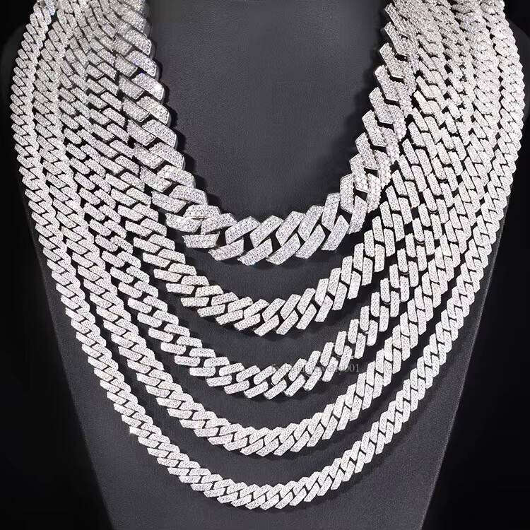 Gold Plated 100% Pass Tester 2rows VVS Moissanite 8mm-15mm Wide Sier Cuban Link Chain for Hip Hop Rapper Jewelry