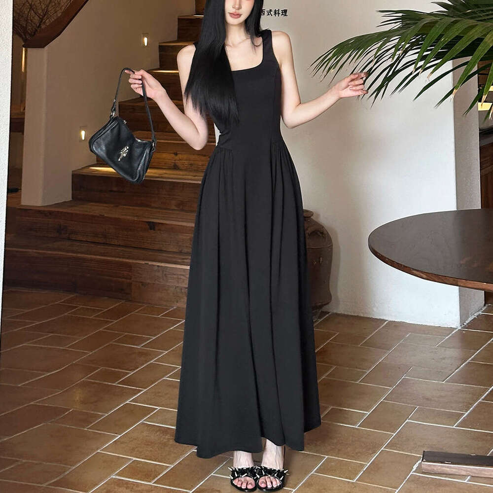 2025 Summer New French Style Elegant Square Neck Waist-Cinching Slim Fit Fashion Casual Sleeveless Long Dress 074