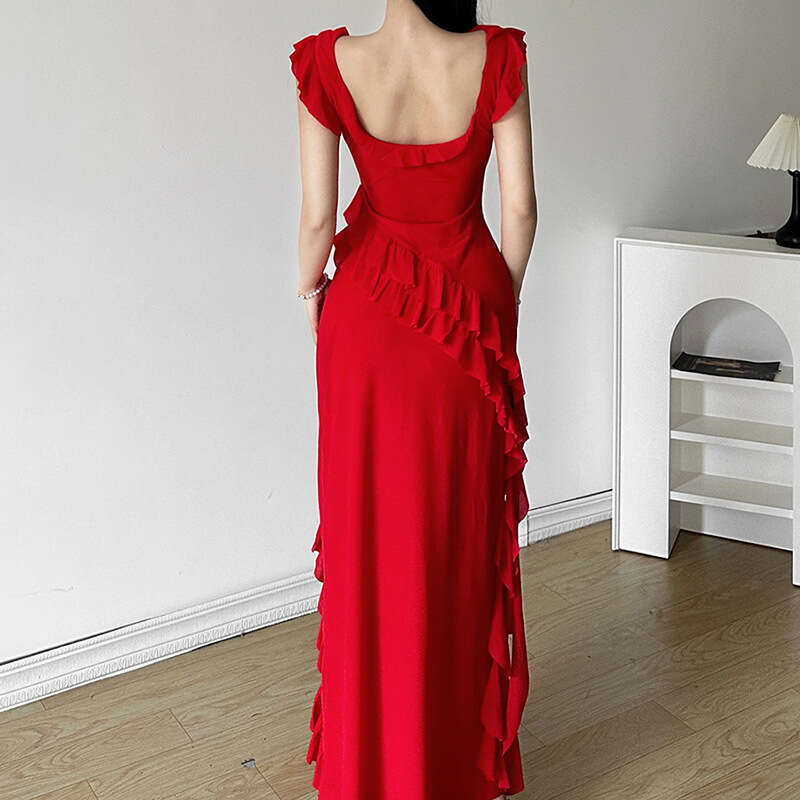 2023 Autumn Winter New Sexy Fashion Backless Strap Mid-Length Slit Dress 933