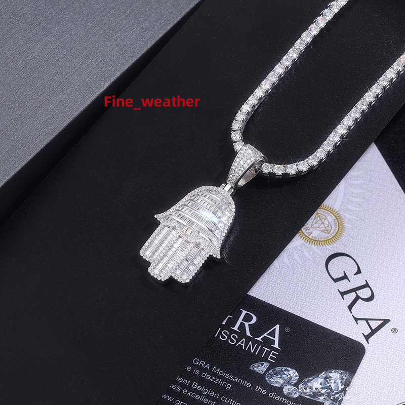 Iced Out Moissanite Pendant Hamsa Hand Necklace S925 Silver with 18K Gold Plating Emerald Cut Hip Hop Jewelry for Rappers Chain