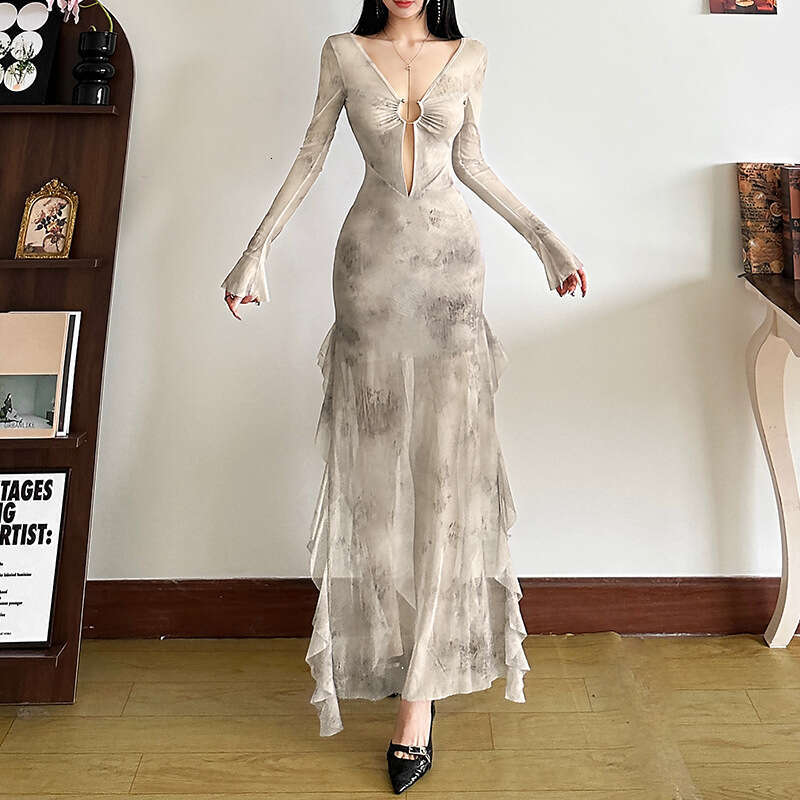 2024 Autumn Winter New Fashion Sexy Sleeve V-Neck Hollow Out Long Dress for Women 93b