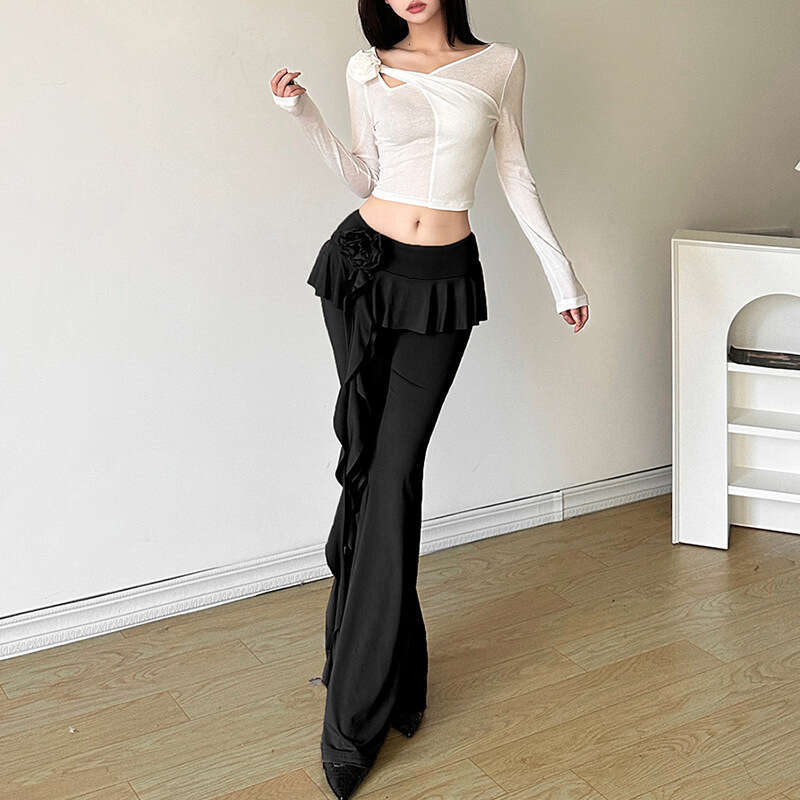 2024 Summer New Women's Solid Color Fashion Floral Ribbon Straight Casual Pants 9f4