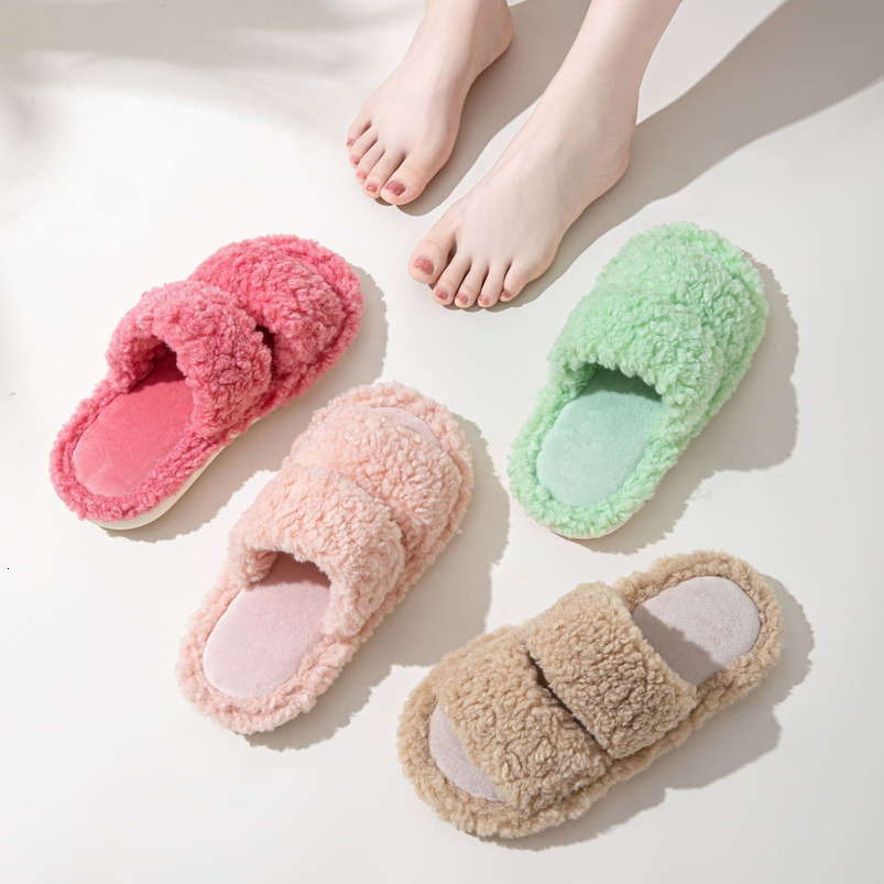 Ins New Double Bar Curl Cotton Home Candy Color Indoor Furry Slippers