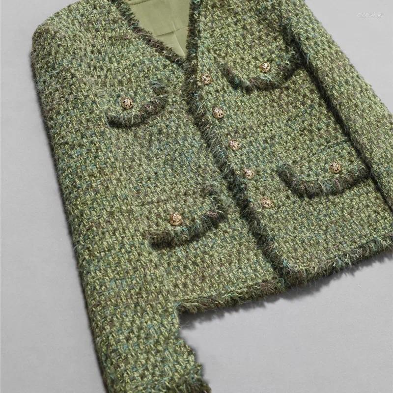 Women's Jackets Green Tweed Jacket Woven Small Fragrance Autumn/winter Clothing Elegant Top For Socialites Tassel Classic