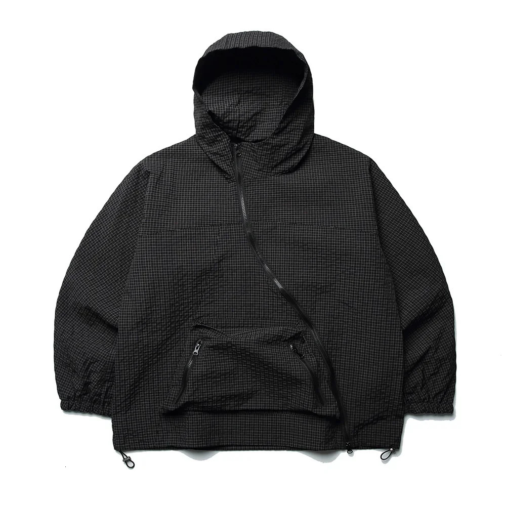 Autumn Plaid Oblique Placket Hooded Jacket Men Streetwear Korean Fashion Loose Outdoor Cargo Cityboy Coat Outerwear 250717