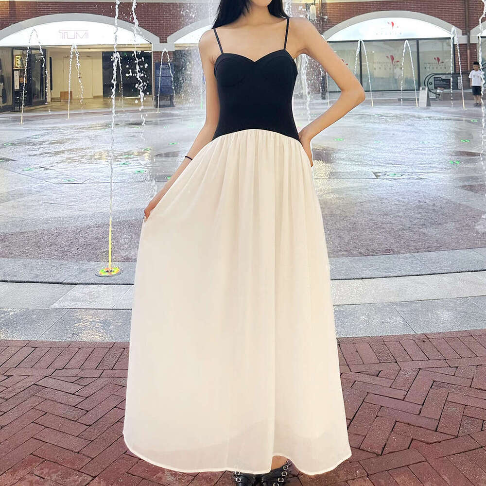 2025 Summer New Color-Block Patchwork Niche High-End Slim Fit Elegant Off-Shoulder Sleeveless Dress a74