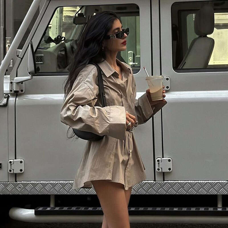 2024 Summer New Women's Solid Color Loose Street Fashion High Waist Turn-Down Collar Long Sleeve Dress f54