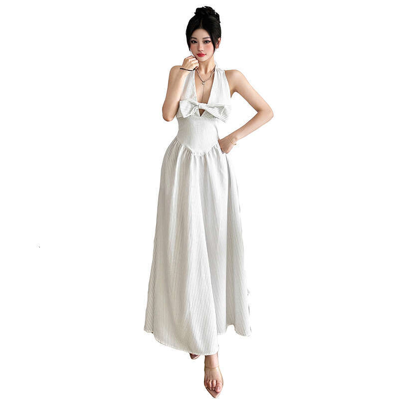 2025 Summer Fashion Halter Neck V-Neck Hollow Out Striped Print Waist-Cinching Slim Fit Sleeveless Dress b13