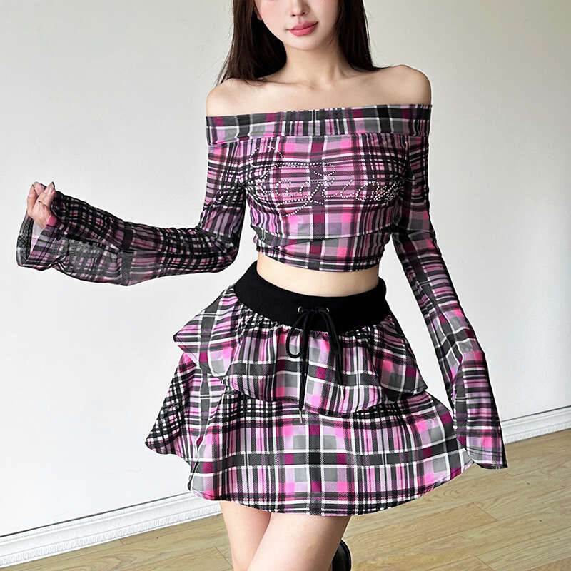 Women's Clothing 2024 Autumn New Plaid Off-Shoulder Long Sleeve Top High Waist Skirt Set 061